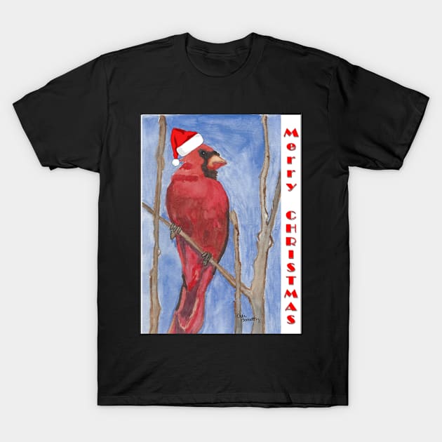 Red Watercolor Cardinal Merry Christmas Design T-Shirt by Ali Cat Originals